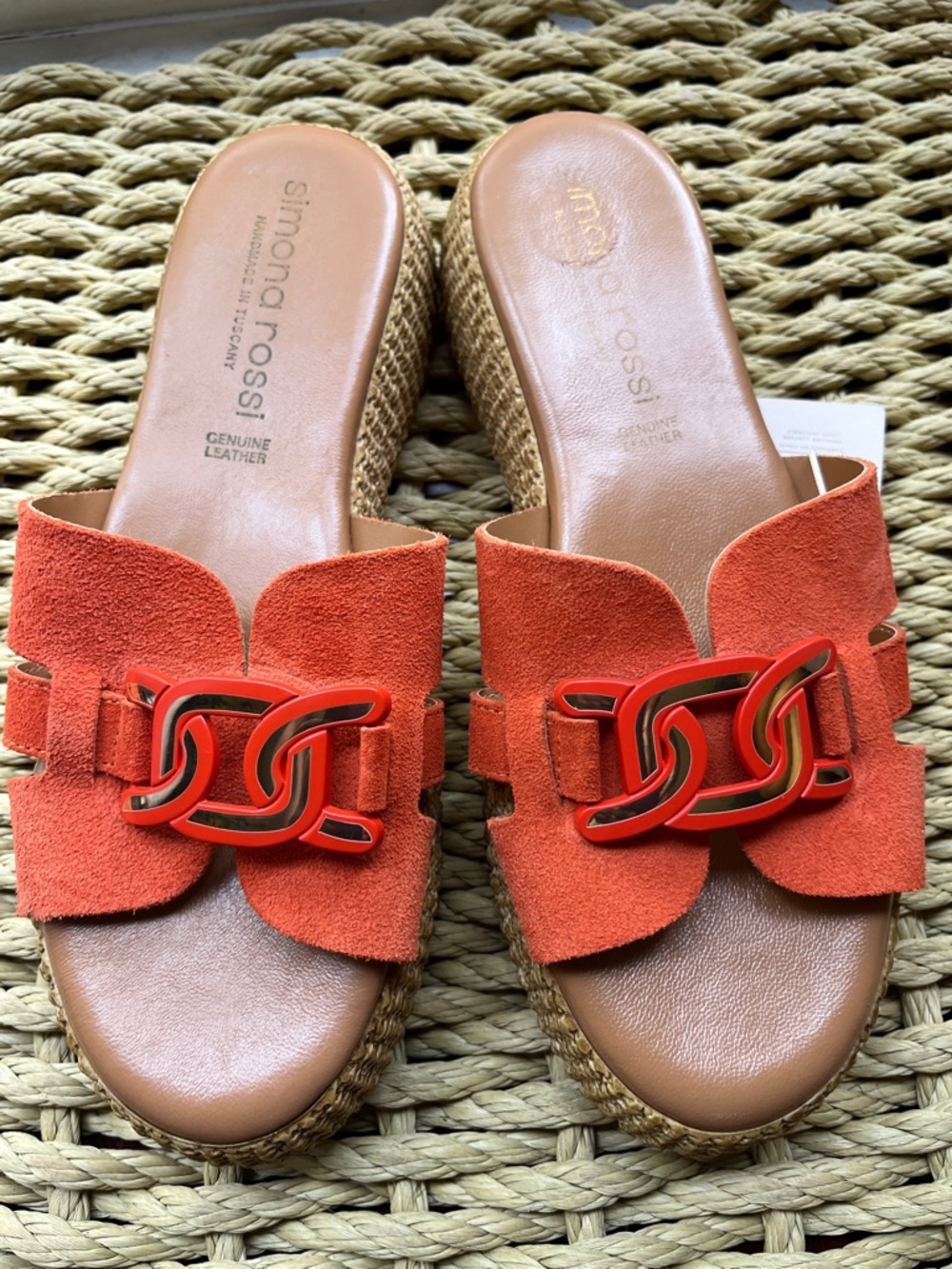 Simona Rossi Orange Suede Slide Mules with Chain Accent